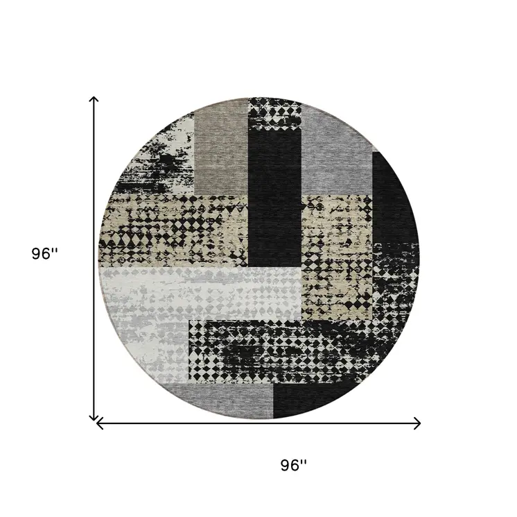 8' Black Taupe And Ivory Round Geometric Washable Indoor Outdoor Area Rug