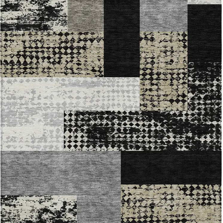 8' X 10' Black Taupe And Ivory Geometric Washable Indoor Outdoor Area Rug