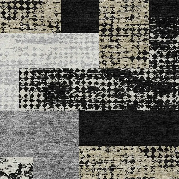 9' X 12' Black Taupe And Ivory Geometric Washable Indoor Outdoor Area Rug