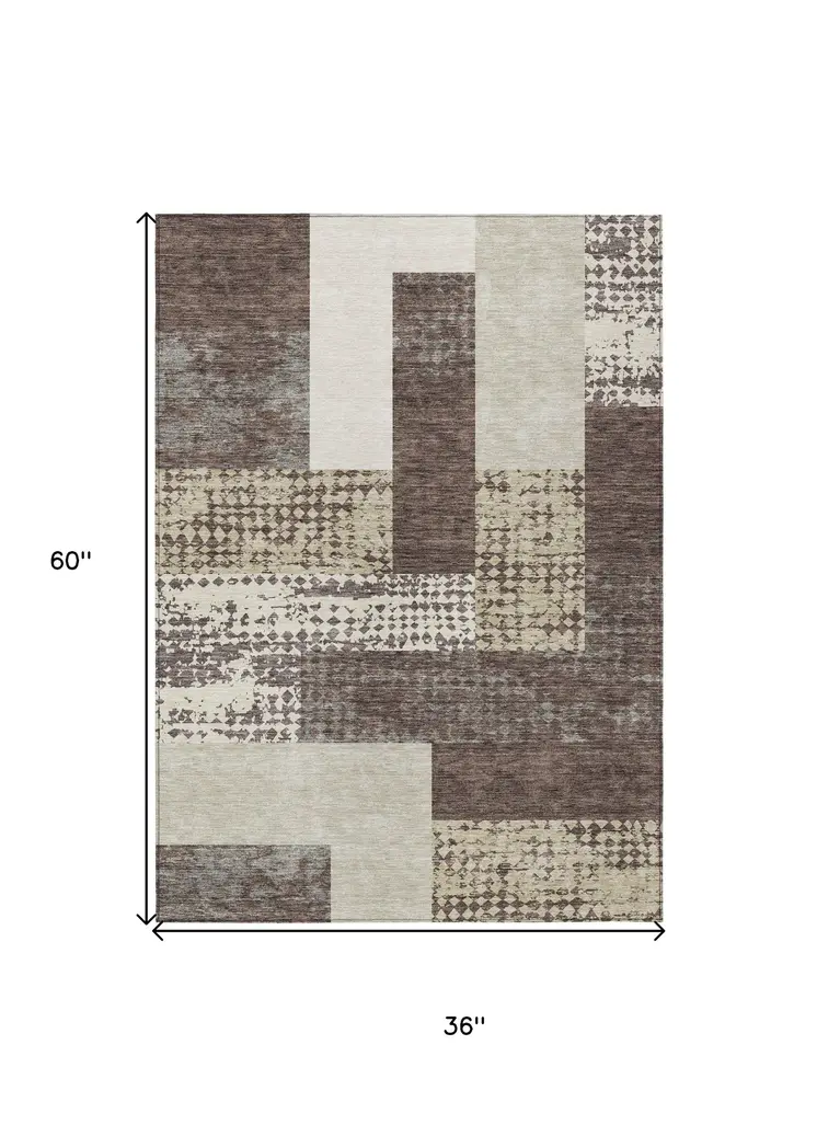 3' X 5' Brown Beige And Ivory Geometric Washable Indoor Outdoor Area Rug