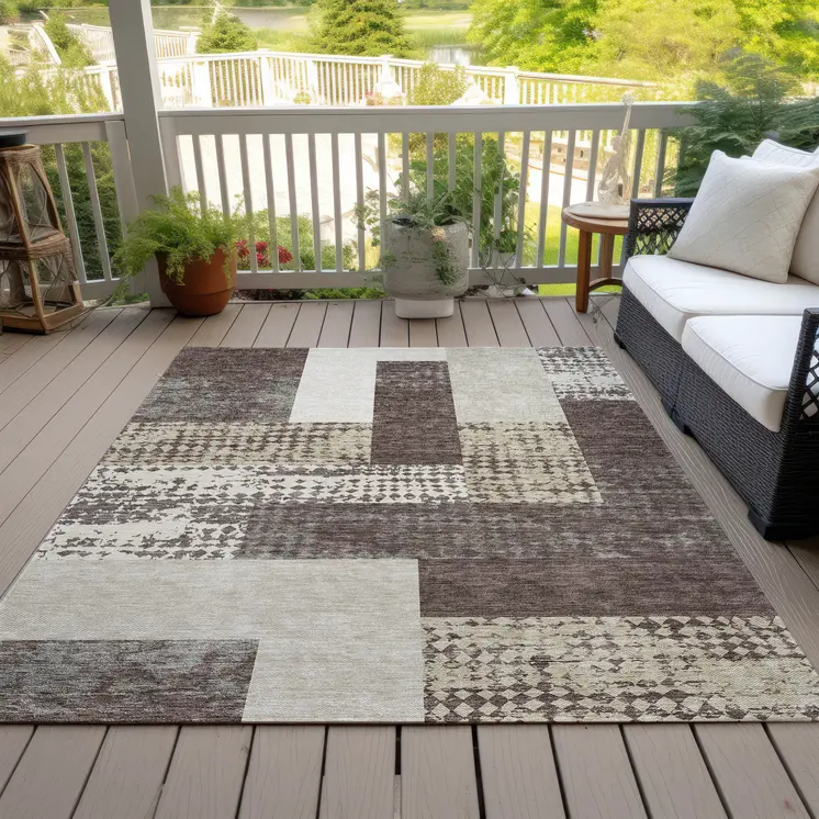 3' X 5' Brown Beige And Ivory Geometric Washable Indoor Outdoor Area Rug