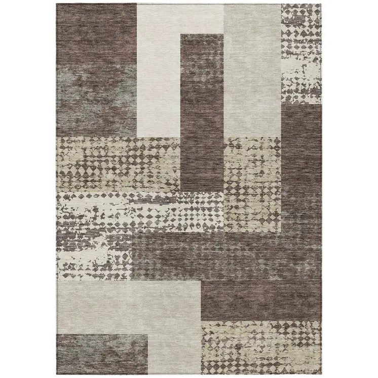 3' X 5' Brown Beige And Ivory Geometric Washable Indoor Outdoor Area Rug