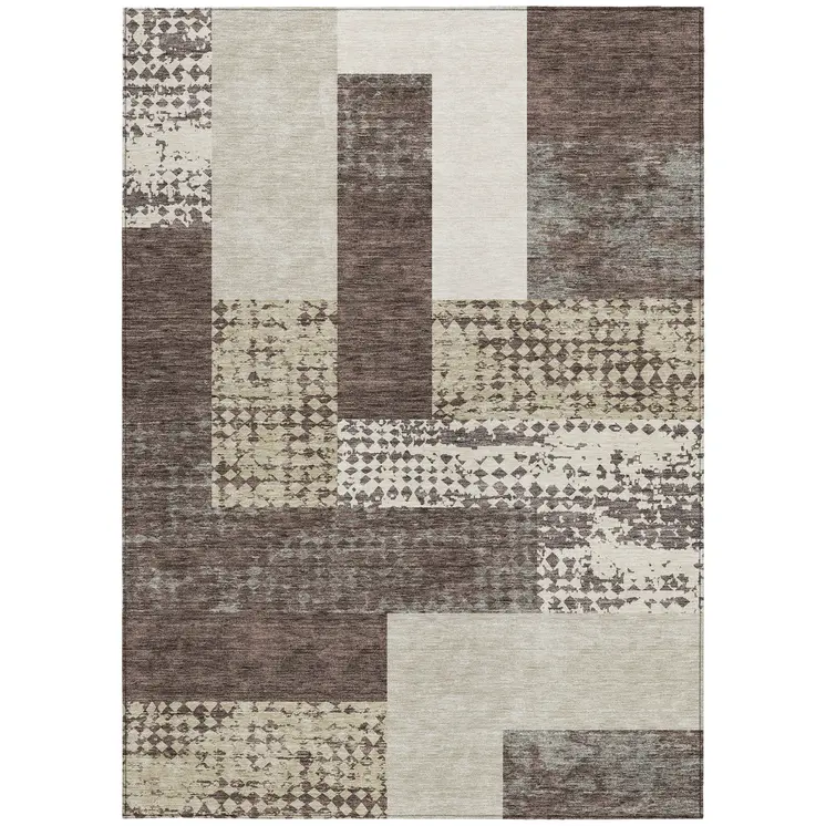 3' X 5' Brown Beige And Ivory Geometric Washable Indoor Outdoor Area Rug
