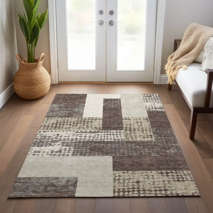 3' X 5' Brown Beige And Ivory Geometric Washable Indoor Outdoor Area Rug