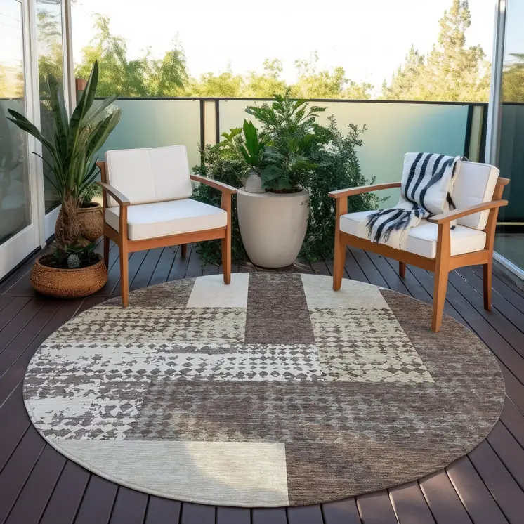 8' Brown Beige And Ivory Round Geometric Washable Indoor Outdoor Area Rug