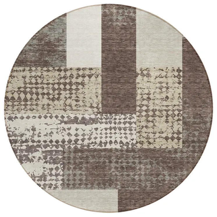 8' Brown Beige And Ivory Round Geometric Washable Indoor Outdoor Area Rug