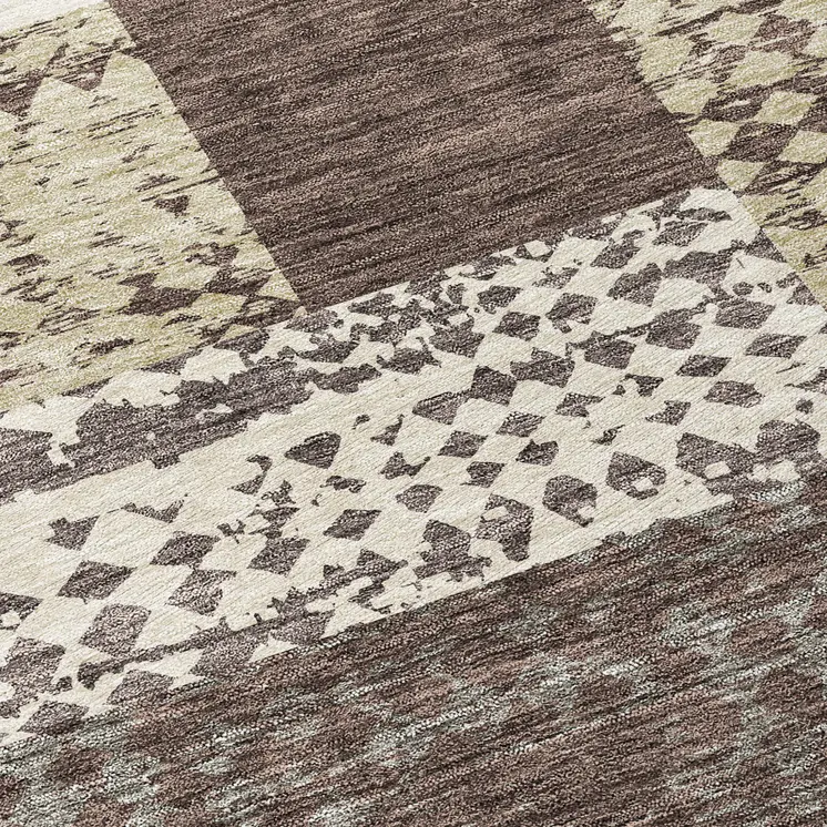 8' Brown Beige And Ivory Round Geometric Washable Indoor Outdoor Area Rug