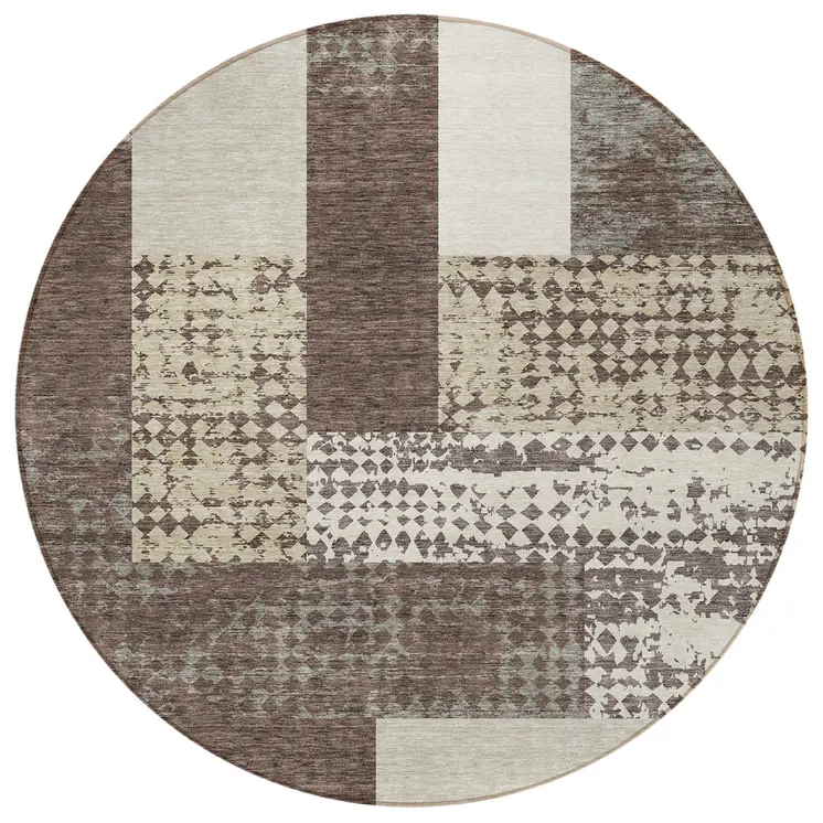 8' Brown Beige And Ivory Round Geometric Washable Indoor Outdoor Area Rug