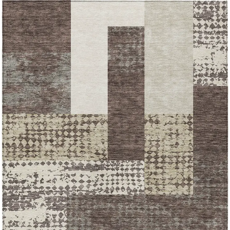 10' X 14' Brown Beige And Ivory Geometric Washable Indoor Outdoor Area Rug