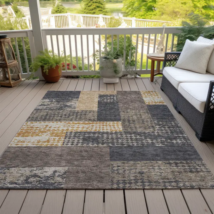 5' X 8' Coffee Taupe And Gold Geometric Washable Indoor Outdoor Area Rug