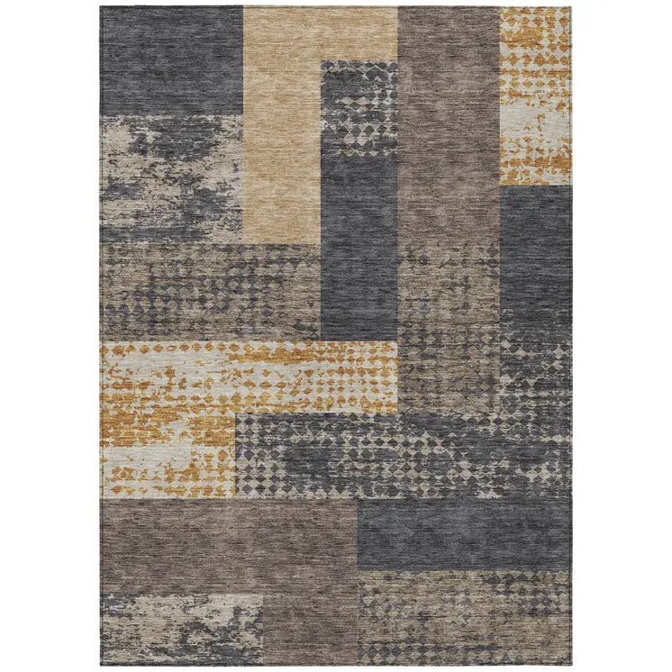 5' X 8' Coffee Taupe And Gold Geometric Washable Indoor Outdoor Area Rug