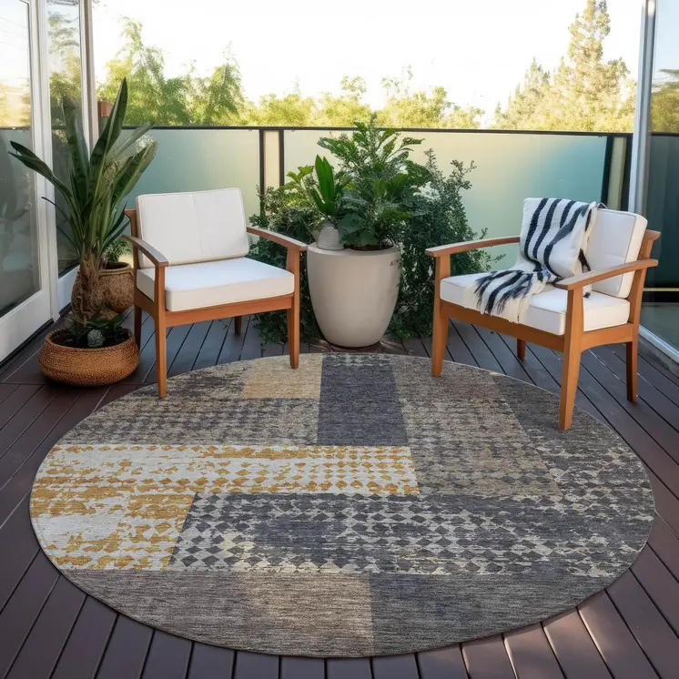 8' Coffee Taupe And Gold Round Geometric Washable Indoor Outdoor Area Rug