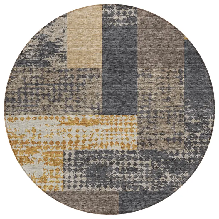 8' Coffee Taupe And Gold Round Geometric Washable Indoor Outdoor Area Rug