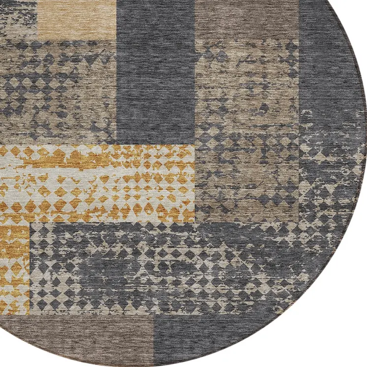 8' Coffee Taupe And Gold Round Geometric Washable Indoor Outdoor Area Rug
