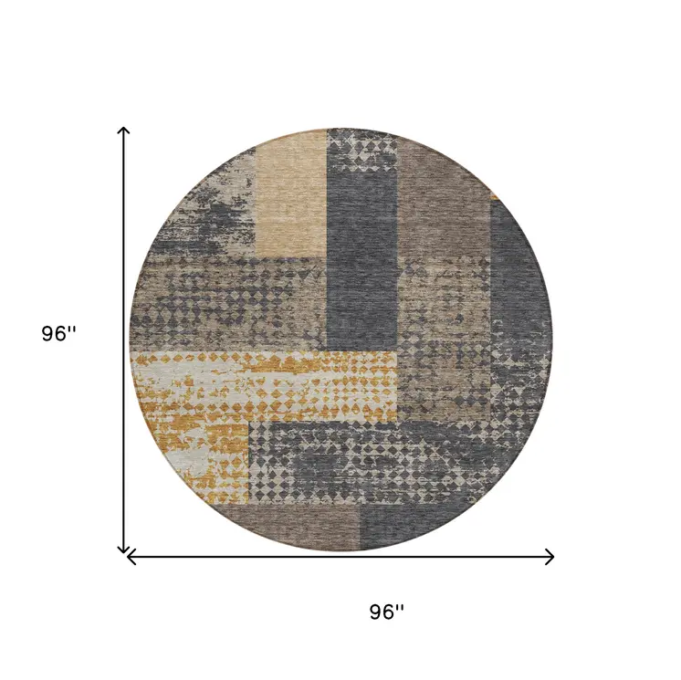 8' Coffee Taupe And Gold Round Geometric Washable Indoor Outdoor Area Rug