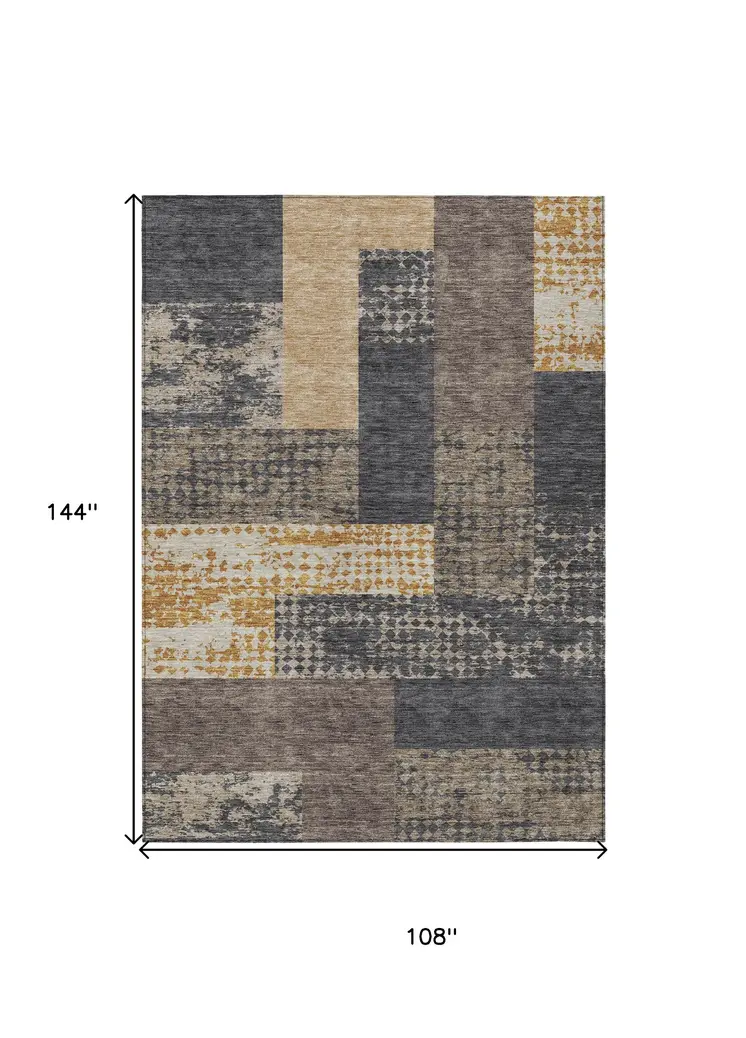 9' X 12' Coffee Taupe And Gold Geometric Washable Indoor Outdoor Area Rug