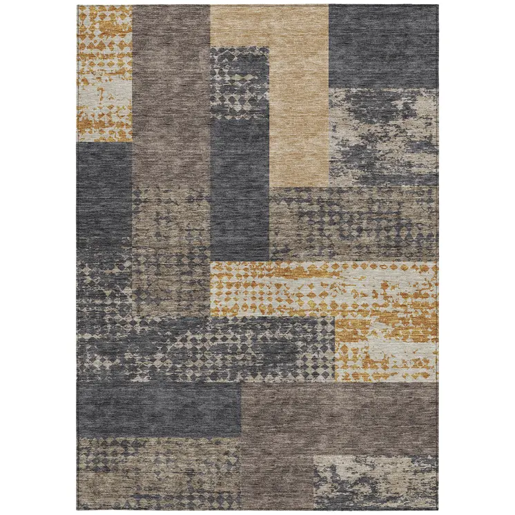 9' X 12' Coffee Taupe And Gold Geometric Washable Indoor Outdoor Area Rug
