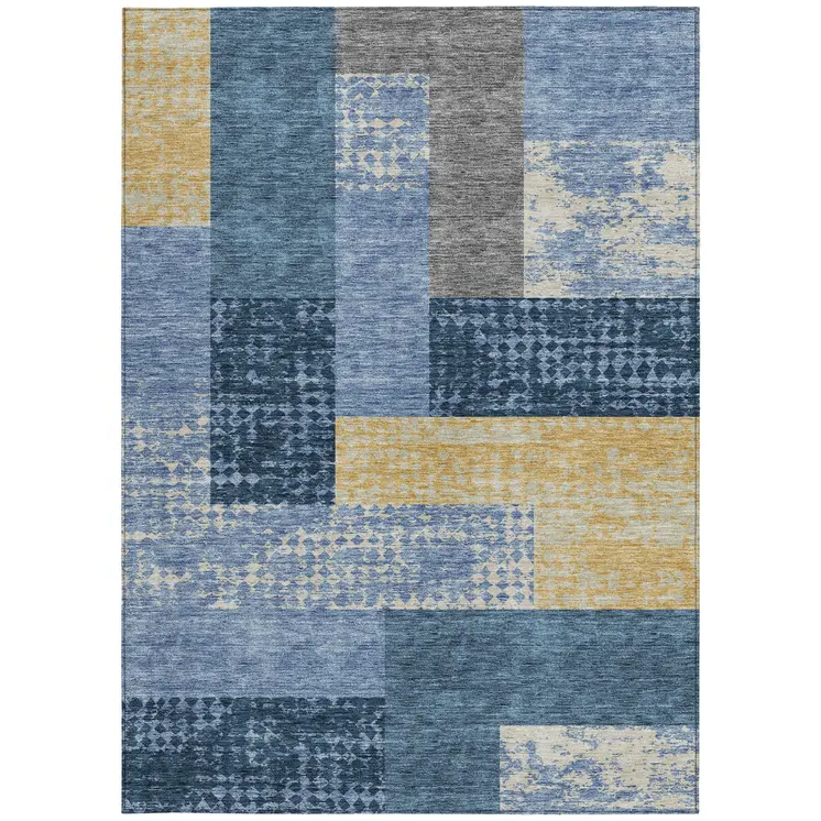 3' X 5' Denim Blue And Gold Geometric Washable Indoor Outdoor Area Rug