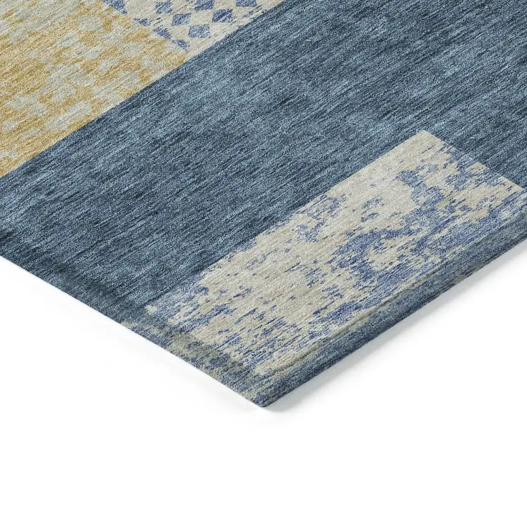 3' X 5' Denim Blue And Gold Geometric Washable Indoor Outdoor Area Rug
