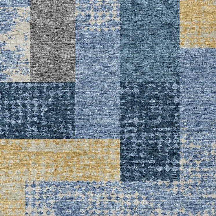 3' X 5' Denim Blue And Gold Geometric Washable Indoor Outdoor Area Rug