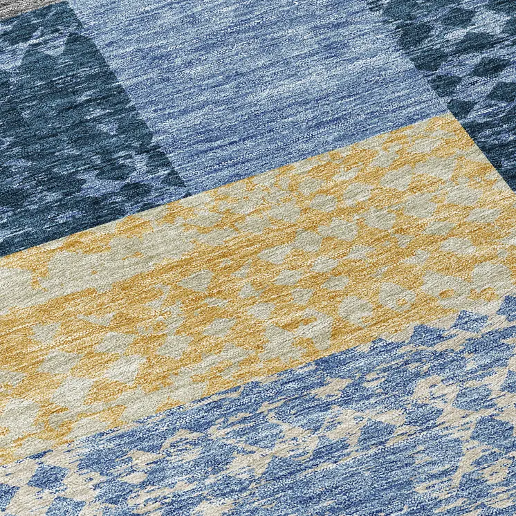 3' X 5' Denim Blue And Gold Geometric Washable Indoor Outdoor Area Rug
