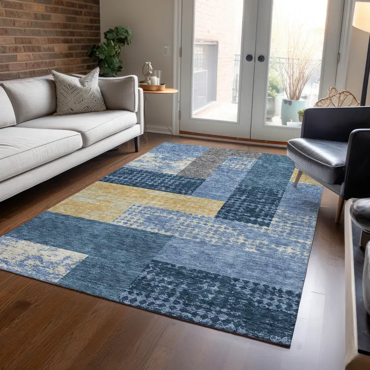 3' X 5' Denim Blue And Gold Geometric Washable Indoor Outdoor Area Rug