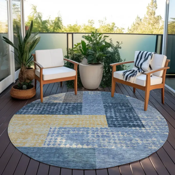 8' Denim Blue And Gold Round Geometric Washable Indoor Outdoor Area Rug