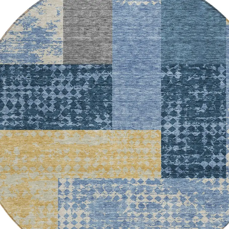 8' Denim Blue And Gold Round Geometric Washable Indoor Outdoor Area Rug