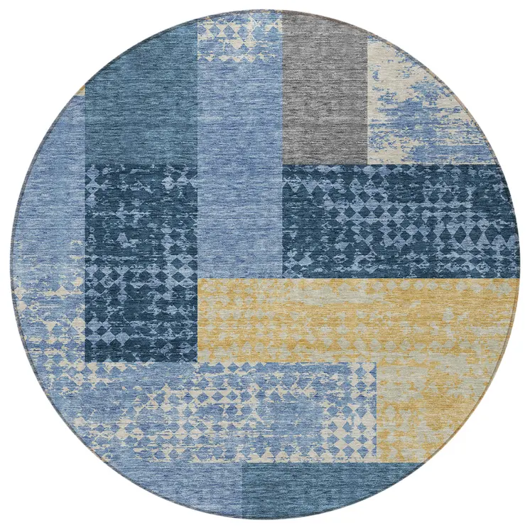 8' Denim Blue And Gold Round Geometric Washable Indoor Outdoor Area Rug