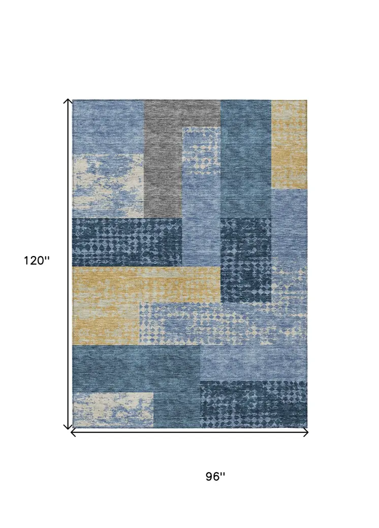 8' X 10' Denim Blue And Gold Geometric Washable Indoor Outdoor Area Rug