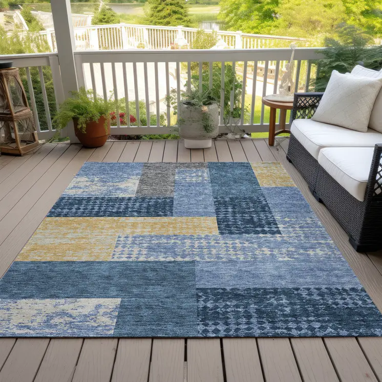 8' X 10' Denim Blue And Gold Geometric Washable Indoor Outdoor Area Rug