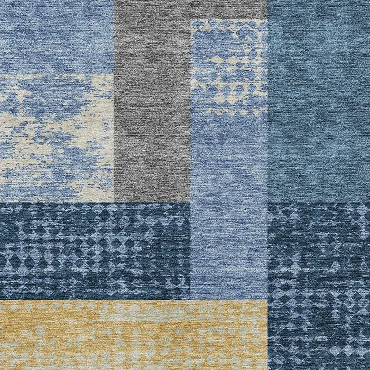10' X 14' Denim Blue And Gold Geometric Washable Indoor Outdoor Area Rug