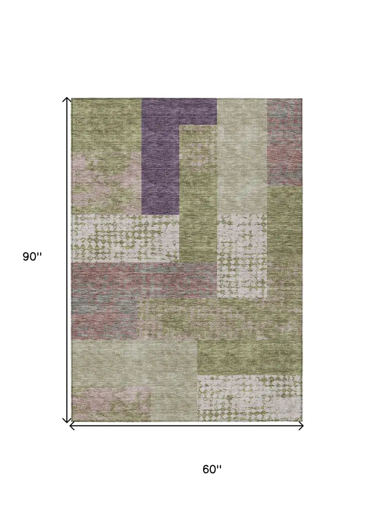 5' X 8' Green Purple And Pink Geometric Washable Indoor Outdoor Area Rug