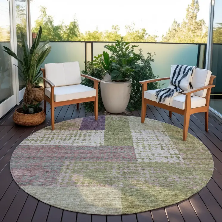 8' Green Purple And Pink Round Geometric Washable Indoor Outdoor Area Rug
