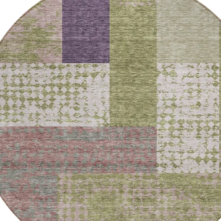 8' Green Purple And Pink Round Geometric Washable Indoor Outdoor Area Rug