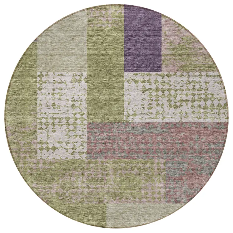 8' Green Purple And Pink Round Geometric Washable Indoor Outdoor Area Rug