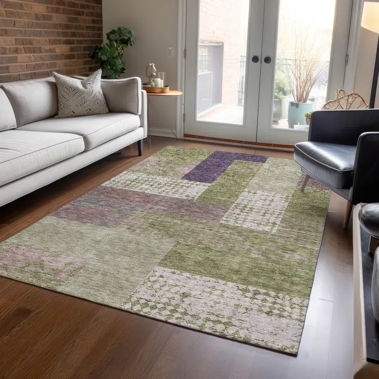 10' X 14' Green Purple And Pink Geometric Washable Indoor Outdoor Area Rug