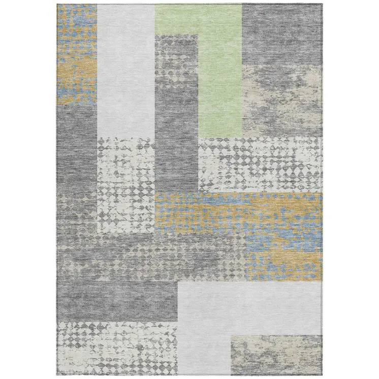 3' X 5' Gray Ivory And Mint Green Geometric Washable Indoor Outdoor Area Rug