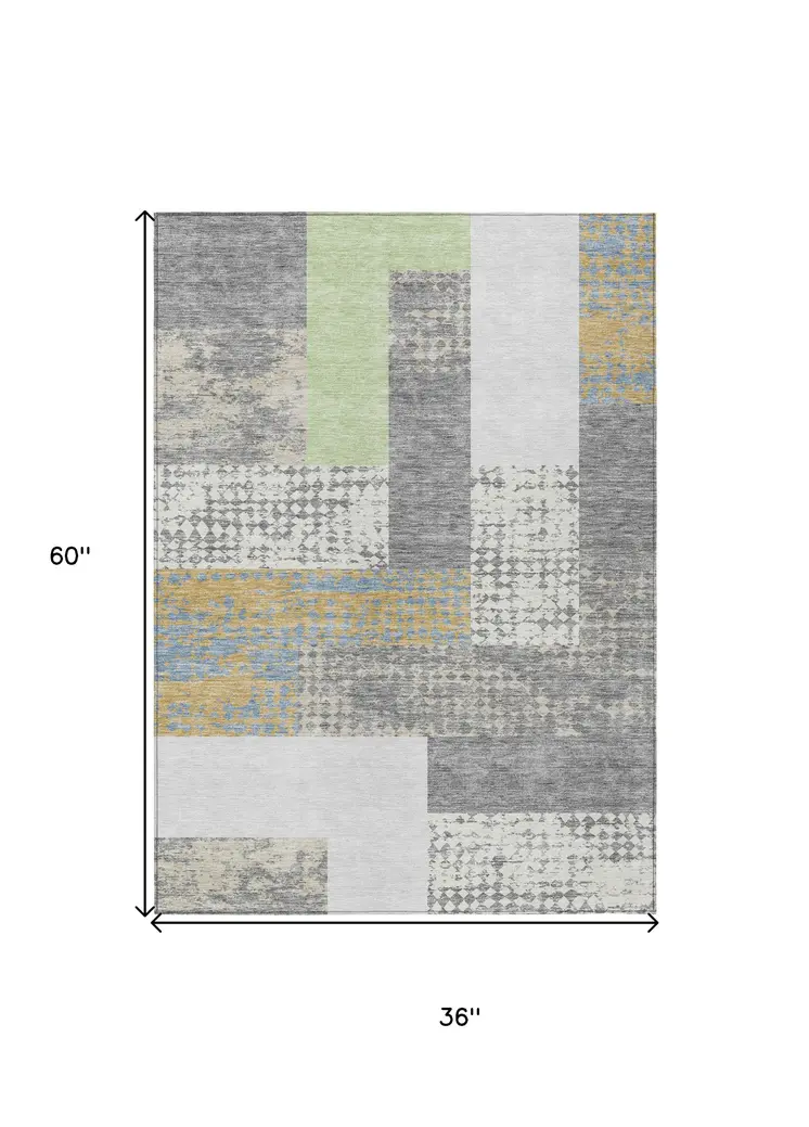 3' X 5' Gray Ivory And Mint Green Geometric Washable Indoor Outdoor Area Rug