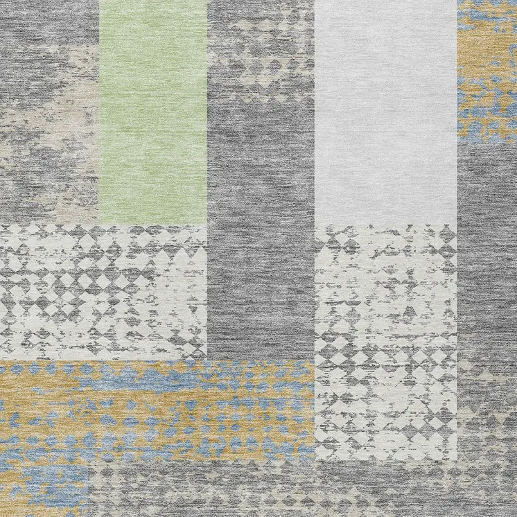 3' X 5' Gray Ivory And Mint Green Geometric Washable Indoor Outdoor Area Rug