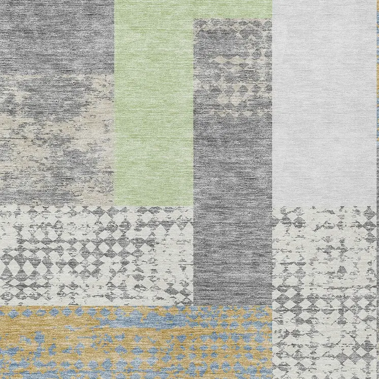 5' X 8' Gray Ivory And Mint Green Geometric Washable Indoor Outdoor Area Rug