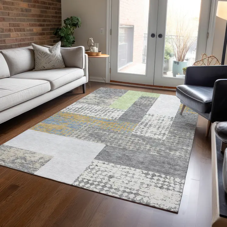 5' X 8' Gray Ivory And Mint Green Geometric Washable Indoor Outdoor Area Rug