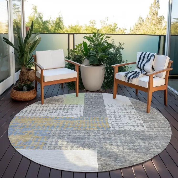 8' Gray Ivory And Mint Green Round Geometric Washable Indoor Outdoor Area Rug