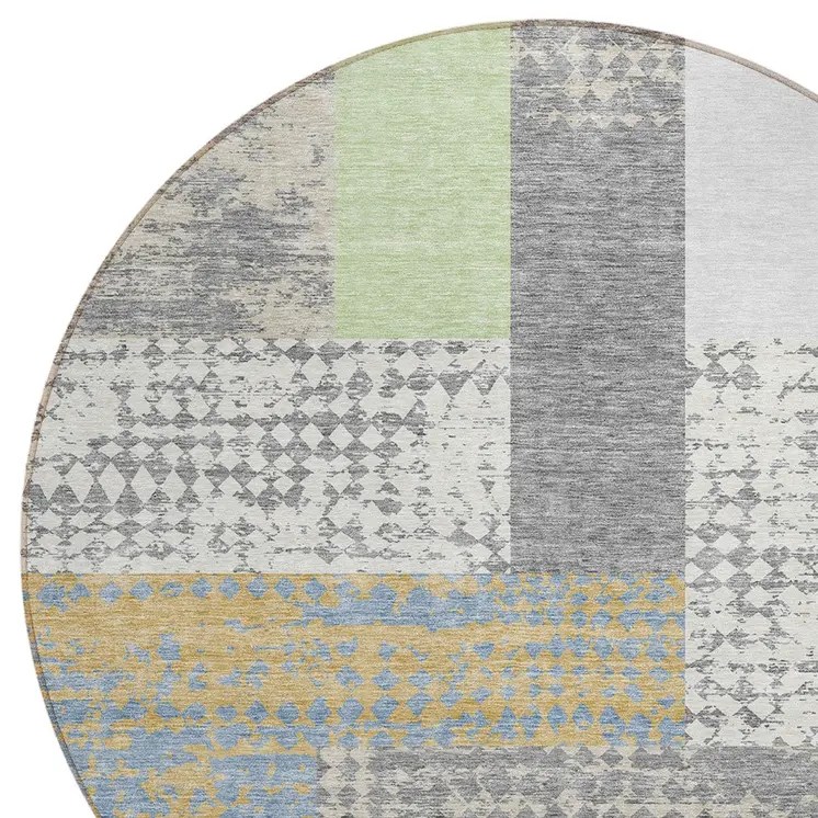 8' Gray Ivory And Mint Green Round Geometric Washable Indoor Outdoor Area Rug