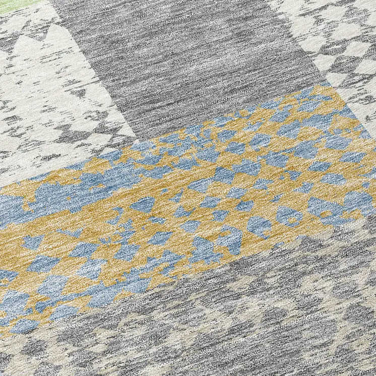 8' Gray Ivory And Mint Green Round Geometric Washable Indoor Outdoor Area Rug