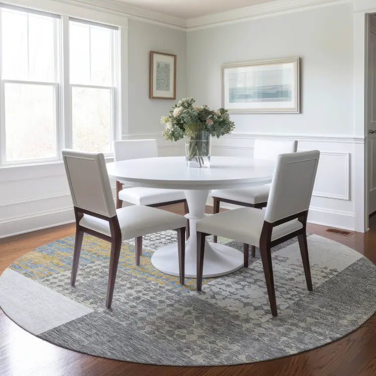 8' Gray Ivory And Mint Green Round Geometric Washable Indoor Outdoor Area Rug