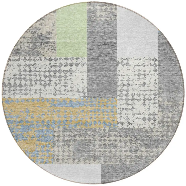 8' Gray Ivory And Mint Green Round Geometric Washable Indoor Outdoor Area Rug