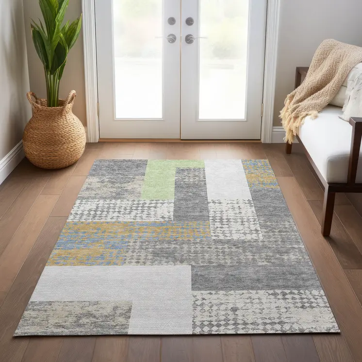 8' X 10' Gray Ivory And Mint Green Geometric Washable Indoor Outdoor Area Rug