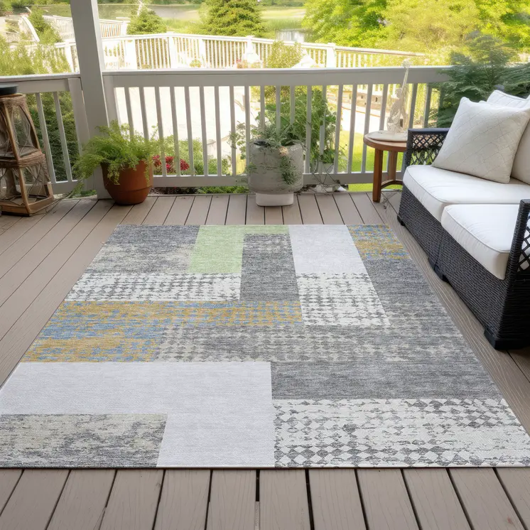 9' X 12' Gray Ivory And Mint Green Geometric Washable Indoor Outdoor Area Rug
