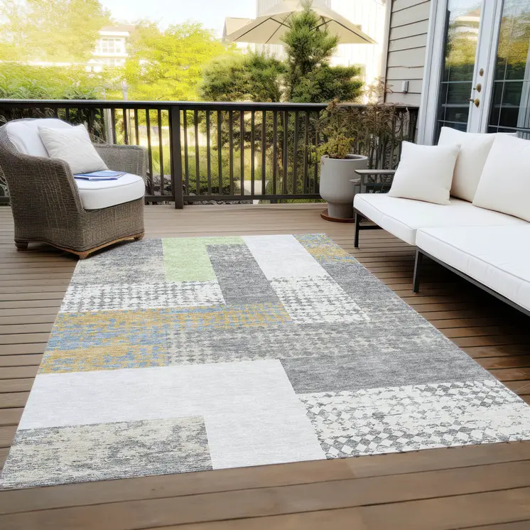 10' X 14' Gray Ivory And Mint Green Geometric Washable Indoor Outdoor Area Rug